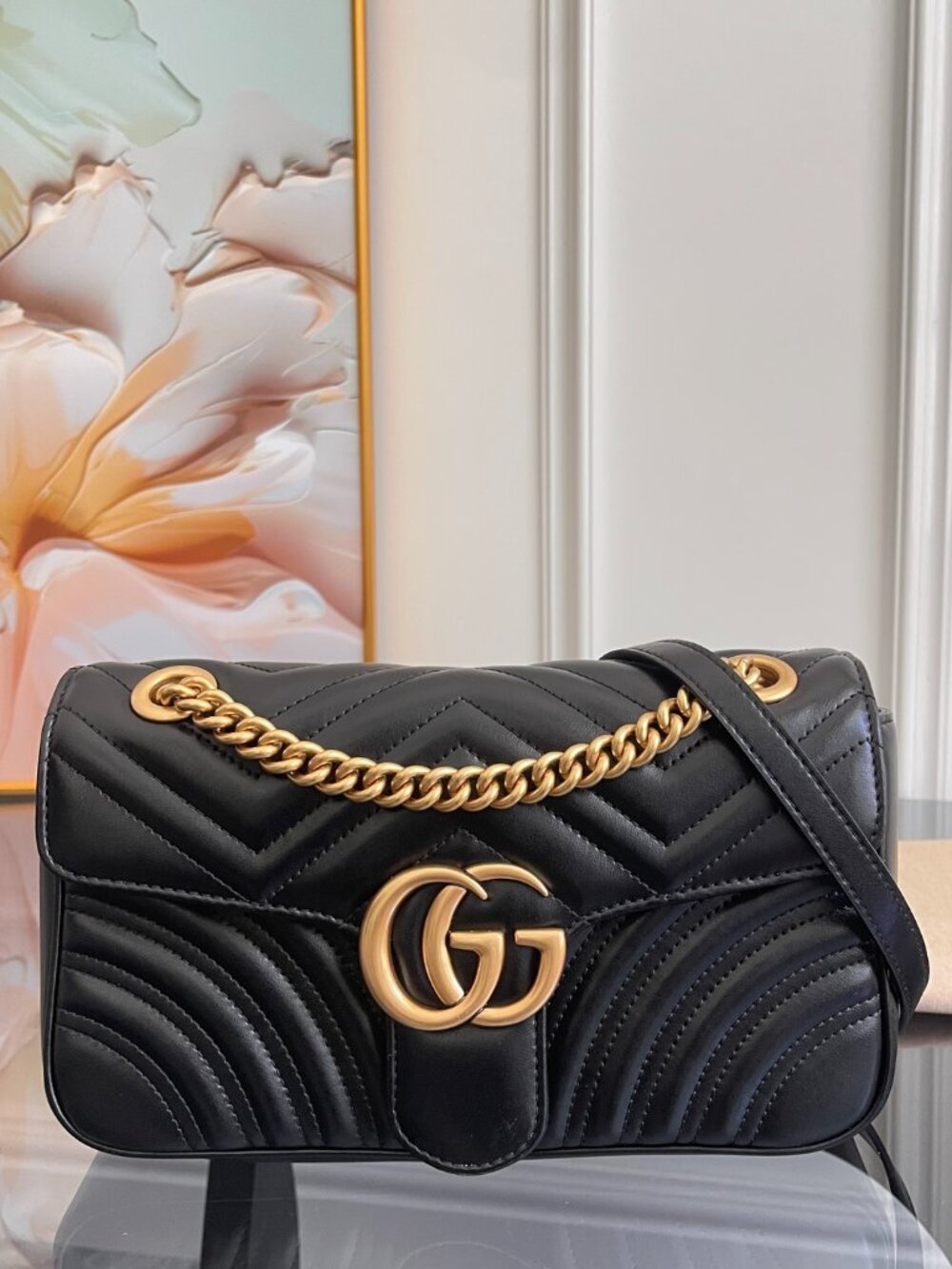 GUCCI Black Leather GG Marmont Shoulder Bag